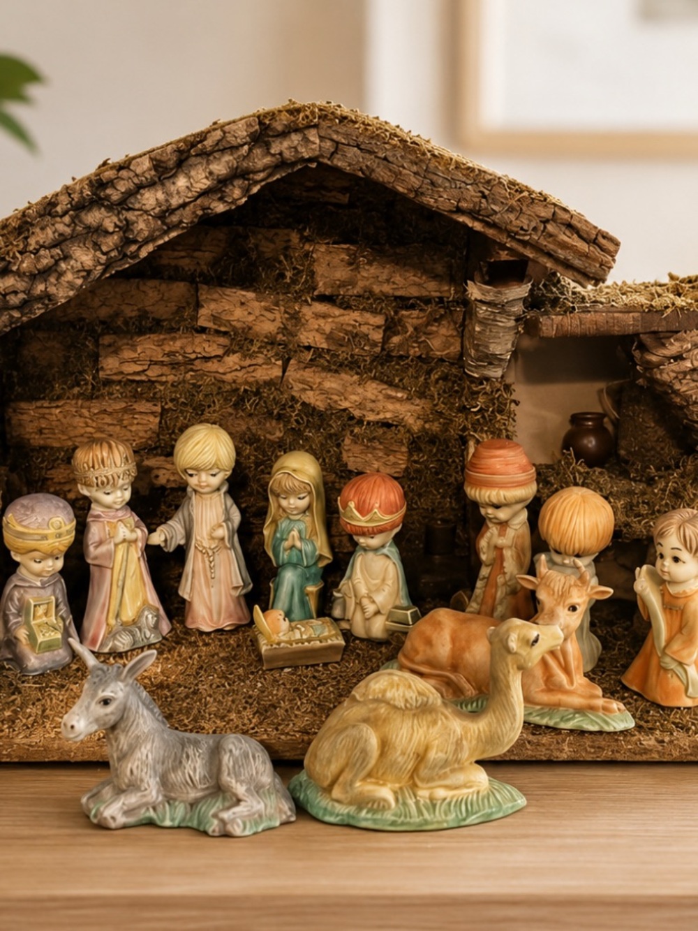 Vintage Unmarked Ceramic Nativity Set with Rustic Stable